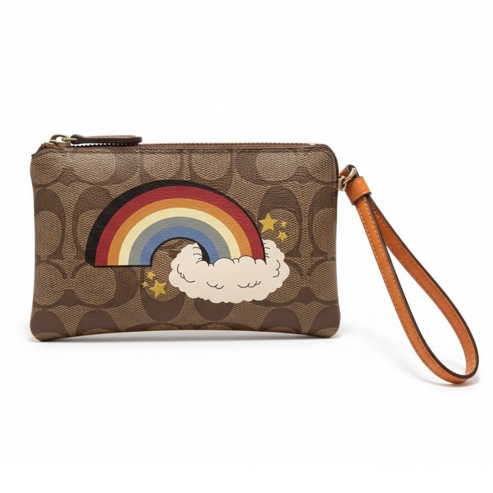 Coach Nolita 19 Wristlet in Signature Canvas Rainbow Clouds Orange Strap Stars - Picture 1 of 6
